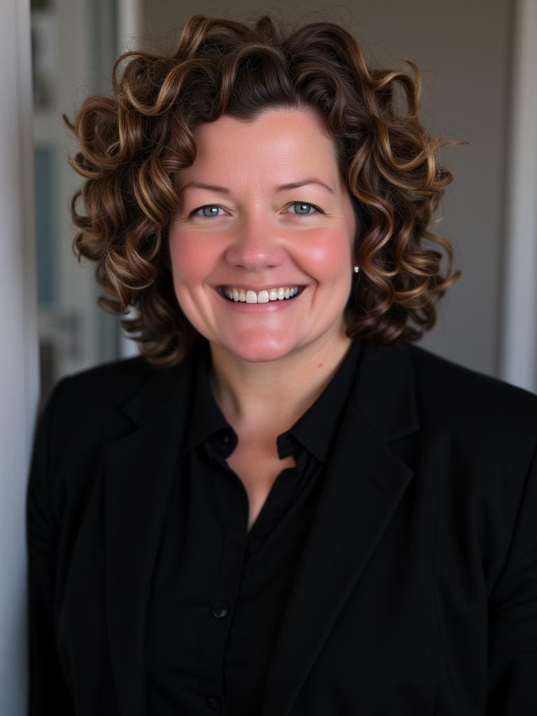 Kate Gadd, Cleanup Expert and QuickBooks ProAdvisor wearing a black shirt with a black suit jacket, smiling and leaning against a wall.