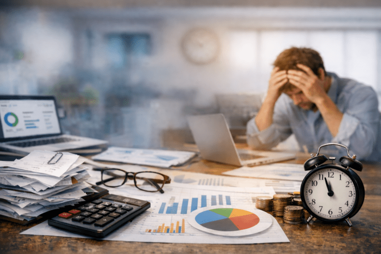 Image of a man stressed and hunched over his laptop surrounded by business reports and papers in disarray.
