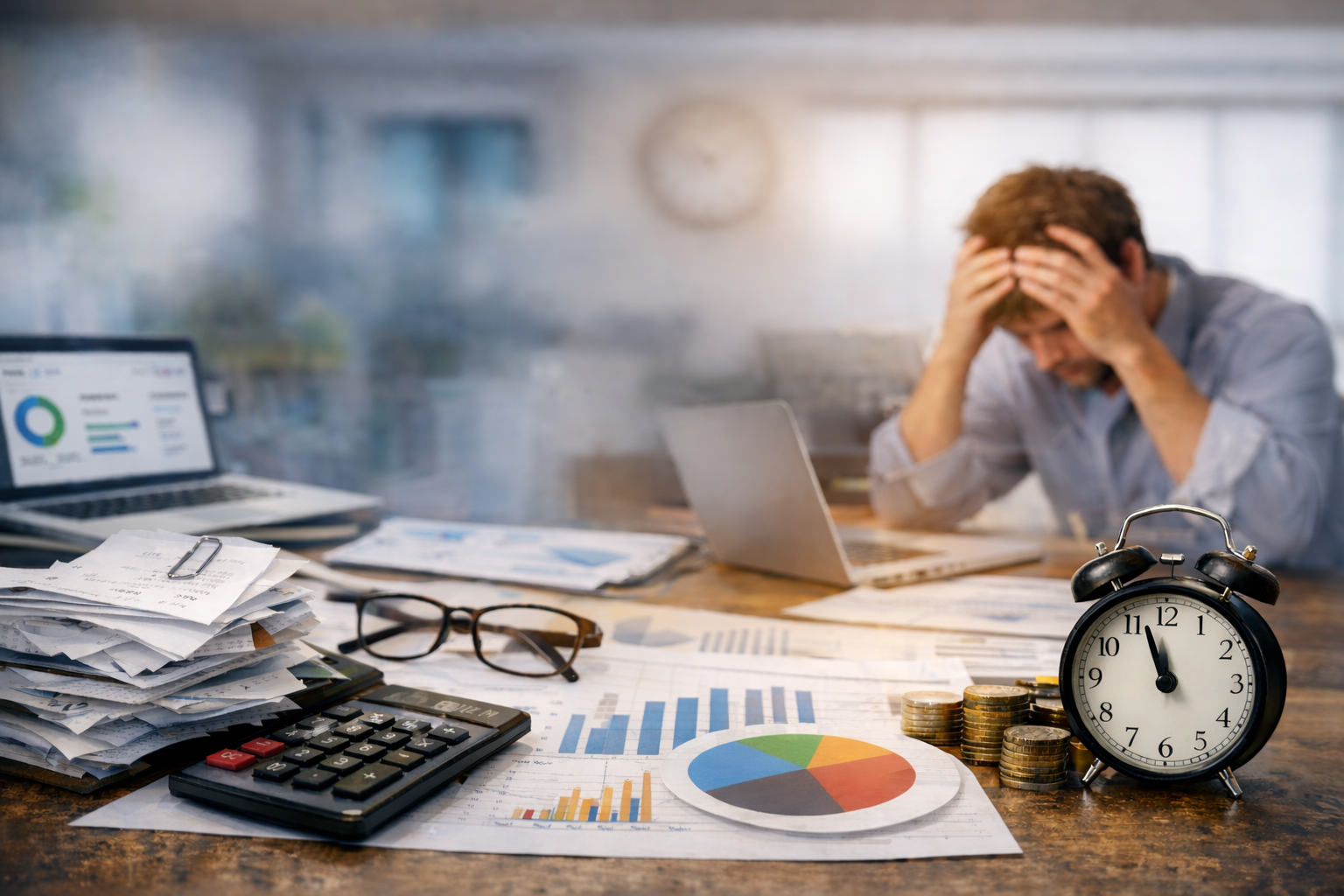 Image of a man stressed and hunched over his laptop surrounded by business reports and papers in disarray.